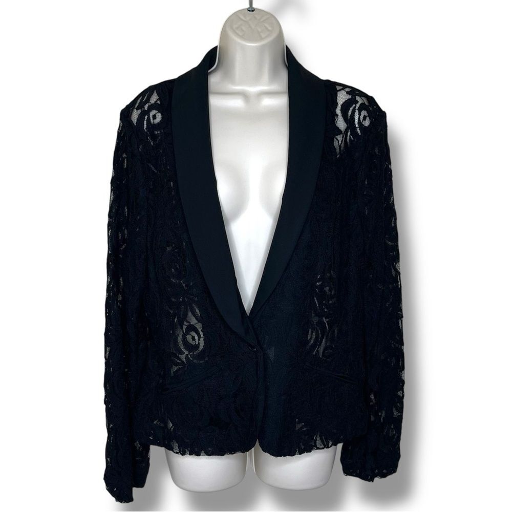 INC International Concepts Black Lace Sheer Blazer Jacket Long Sleeve Women XL